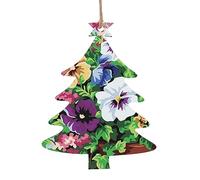 Adornos de madera con forma de árbol de Navidad con diseño de flores de pensamiento, decoración colgante de árbol de Navidad con cuerdas para decoraciones navideñas