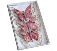 Adornos de mariposa con clip para árbol de Navidad, paquete de 3 unidades, plástico hueco con malla brillante, elegante decoración navideña para guirnalda de corona (rosa)