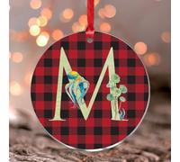 Adornos de Navidad 2025 con temática de playa, monograma inicial M, adorno acrílico para recuerdo, pintura de paisaje marino costero, conchas de recuerdo, estrella de mar, azul, recuerdo costero