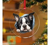 Adornos de Navidad acrílicos de 3 pulgadas 2025 Peeking Boston Terrier, adorno de Navidad personalizado, decoración de árbol de Navidad, dibujos animados, divertido recuerdo de perro, disco