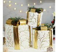 Adornos de Navidad Cajas de Regalo, Juego de 3 cajas de regalo con luz LED de felpa, juego de paquetes navideños de hierro decorativo redondo y cuadrado con luz LED(Round)