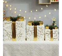 Adornos de Navidad Cajas de Regalo, Juego de 3 cajas de regalo con luz LED de felpa, juego de paquetes navideños de hierro decorativo redondo y cuadrado con luz LED(Square)