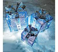 Adornos de Navidad Cajas de Regalo, Juego de 3 con lazos, caja de regalo brillante navideña for exteriores, decoraciones, arte del hierro for exteriores, ahuecado(Blu)