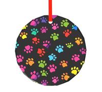 Adornos de Navidad con estampado de huellas de arco iris, decoración redonda de cristal, árbol de huella de perro, colgante decorativo para Navidad, hogar, oficina, fiesta, vacaciones