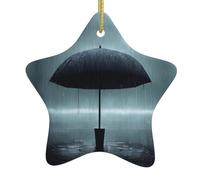 Adornos de Navidad con estampado de paraguas negro bajo la lluvia, árbol de Navidad, colgante de cerámica para decoración navideña, adornos de cerámica con cinta dorada.