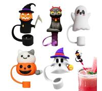 Adornos de paja de Halloween para vasos,Cubiertas de paja de Halloween - Juego de 5 tapones reutilizables para beber,Tapas con puntas de pajita a prueba de polvo para beber de 10mm, tope con pajita pa