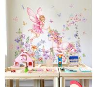 Adornos de pared de hadas y unicornios rosas para niñas: pegatinas de pared con mariposas de colores y flores moradas, removibles, para pegar y despegar, ideales para el dormitorio, el salón, la habit