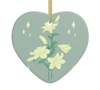 Adornos en forma de corazón impresos de lirios blancos de dibujos animados, adornos de Navidad de cerámica, adecuados para fiestas de vacaciones, recuerdos.