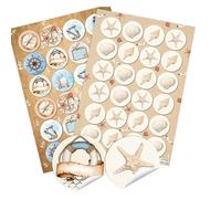 Adornos marineros adhesivos, set 48 piezas: pegatinas redondas Ø 4 cm con conchas, estrella de mar, barco, ancla, faro, salvavidas, decoración náutica verano, fiesta playa, manualidades