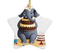 Adornos navideños de cerámica en forma de estrella YYHWHJDE El elefante tiene un enorme pastel impreso, accesorios para árbol de Navidad para centros comerciales, ventanas y oficinas