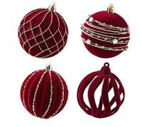 Adornos navideños flocados,Adornos flocados - 4 adornos flocados de color burdeos, bolas de terciopelo color crema - Colgante navideño con purpurina inastillable de 3,15 pulgadas, recuerdos navideños,