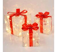 adornos navideños, Pack de 3 cajas regalo navideñas iluminadas con LED for interior y exterior, color rojo, 13 a 19 cm