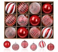 Adornos navideños SHareconn de 80 mm, 12 Unidades, irrompibles, Decorativos, Colgantes, para Fiestas y Bodas, con Cuerdas precolgadas, Color Rojo y Blanco.