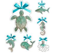 Adornos oceánicos de cristal marino - 6 piezas de acrílico hecho a mano decoración de árbol de Navidad costero | Colgante colgante de tortuga marina envuelto en alambre plateado | Regalos