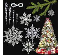 Adornos para árbol de Navidad, Carámbanos de Navidad Adornos Set, Acrílico Transparente Copos de Nieve Navideños con Cordón, Fiesta de Invierno Fiesta de Hielo y Nieve, 24 Pcs