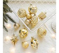Adornos para árbol de Navidad, paquete de 12 colgantes galvanizados con forma de cono de pino y estrella para decoración de Navidad, bolas colgantes de plástico ligero (dorado)