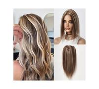 Adornos para el cabello Adornos for el cabello de 12 pulgadas for mujeres, base de seda de 4" × 4,5", reflejos castaños, parte media rubia, adorno for el cabello humano, clip en piezas de cabello liso