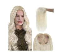Adornos para el cabello Topper de cabello humano Rubio platino, pelo liso sedoso, 5 '' × 5 '', base mono de área grande, perímetro de PU, postizo recto brasileño Remy Adornos de peluca para cabello fi
