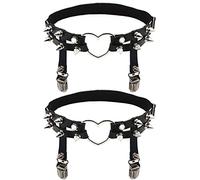 Adove Liga de muslo de cuero ajustable para mujer, liga de pierna en forma de corazón con clips, ligas góticas punk para calcetines altos negros (DWD01 2P), 2 unidades en forma de corazón negro, Talla