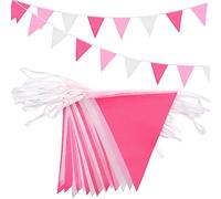 ADQUATOR Banderines de 20 m, 52 unidades, color rosa y blanco, 3 colores, color rosa intenso, tela de poliéster, triángulo, para decoración de fiesta de cumpleaños en interiores y exteriores