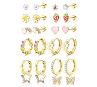 Adramata 10 Pares Pendientes Niñas Acero Inoxidable Pendientes Hipoalergenicos Corazón Flor Mariposa CZ Pendiente Joyería Regalos para Niña Mujeres (Oro/Plata)