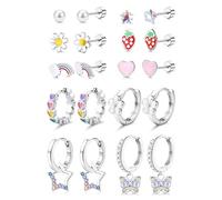 Adramata 10 Pares Pendientes Niñas Acero Inoxidable Pendientes Hipoalergenicos Corazón Flor Mariposa CZ Pendiente Joyería Regalos para Niña Mujeres (Oro/Plata)