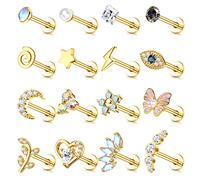 Adramata 16 Pcs 16G Piercing Oreja Acero Quirúrgico Pendientes Set Concha Tragus Pendientes Piercing Mal de Ojo Flor Mariposa Oreja Piercing Cartílago Helix Tragus Piercing Joyas para Mujer