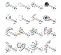 Adramata 16 Pcs 16G Piercing Oreja Acero Quirúrgico Pendientes Set Concha Tragus Pendientes Piercing Mal de Ojo Flor Mariposa Oreja Piercing Cartílago Helix Tragus Piercing Joyas para Mujer