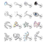 Adramata 16 Pcs 16G Piercing Oreja Acero Quirúrgico Pendientes Set Concha Tragus Pendientes Piercing Mal de Ojo Flor Mariposa Oreja Piercing Cartílago Helix Tragus Piercing Joyas para Mujer