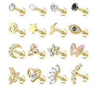 Adramata 16 Pcs 16G Piercing Oreja Acero Quirúrgico Set Pendientes Concha Tragus Piercing Mal de Ojo Flor Mariposa Oreja Cartílago Helix