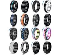 Adramata 16 Uds., Anillos Antiestrés de Acero Inoxidable para Hombres y Mujeres, Anillos Negros para Inquietos, Juego de Anillos Giratorios para Promesa de Boda, 6/8MM de Ancho, Tamaño 7-12