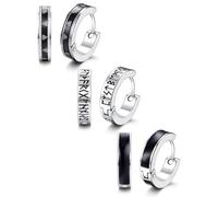 Adramata 3 pares de aretes de aro vikingos para hombres y mujeres, de acero inoxidable, color negro, diseño de runas nórdicas, diámetro interior de 12 mm