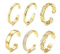 Adramata 6 Pcs Anillo Pie de Mujer Oro Relleno 14K Ajustable Abierto Pie Dedo Anillos Juego Lindo CZ Flor Corazón Simple Dedo Cola Anillos Joyería de Pie de Playa de Verano Oro Plata