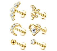 Adramata 6Pcs 16G Cartílago Tragus Pendientes De Tuerca Para Mujeres Hombres Con Rosca Interna CZ Luna Corazón Hoja Hélice Conch Labret Monroe Oreja Piercing Joyería