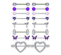 Adramata 8 Pares 14G Piercing Pezon Juego de Piercing de Pezón de Acero Quirúrgico Aros de Mariposa Corazón CZ Anillos de Pezón con Cadena Barras de Lengua Piercing de Pezón Joyería para Mujer