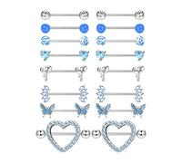 Adramata 8 Pares 14G Piercing Pezon Juego de Piercing de Pezón de Acero Quirúrgico Aros de Mariposa Corazón CZ Anillos de Pezón con Cadena Barras de Lengua Piercing de Pezón Joyería para Mujer