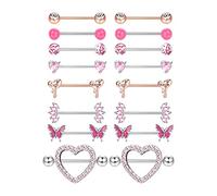 Adramata 8 Pares 14G Piercing Pezon Juego de Piercing de Pezón de Acero Quirúrgico Aros de Mariposa Corazón CZ Anillos de Pezón con Cadena Barras de Lengua Piercing de Pezón Joyería para Mujer