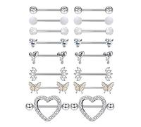 Adramata 8 Pares 14G Piercing Pezon Juego de Piercing de Pezón de Acero Quirúrgico Aros de Mariposa Corazón CZ Anillos de Pezón con Cadena Barras de Lengua Piercing de Pezón Joyería para Mujer