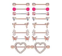 Adramata 8 Pares 14G Piercing Pezon Juego de Piercing de Pezón de Acero Quirúrgico Aros de Mariposa Corazón CZ Anillos de Pezón con Cadena Barras de Lengua Piercing de Pezón Joyería para Mujer