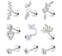 Adramata 9 Piezas 16G Piercing Oreja para Mujere Acero Quirúrgico Pendientes Set Concha Tragus Pendientes Piercing Mariposa Flor Serpiente Oreja Piercing Cartílago Helix Tragus Piercing Joyería