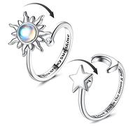 Adramata Anillo Girasol para Ansiedad - Plata Mujer Inquietos con Piedra Lunar, Anillos Giratorios Abiertos Ajustables