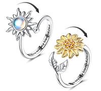 Adramata Anillo Giratorio Girasol con Piedra Lunar para Ansiedad - Plata Ajustable Abierto 2 Piezas para Mujeres