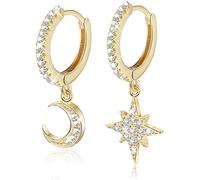 Adramata Aros Pendientes Mujer Plata De Ley 925 Oro Tipo Argolla Con Estrella y Luna Pequeños De Cartílago Asimétrico Con Circonita Cúbica