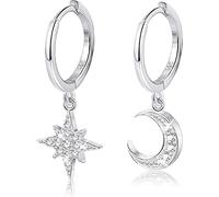 Adramata Aros Pendientes Mujer Plata De Ley 925 Oro Tipo Argolla Con Estrella y Luna Pequeños De Cartílago Asimétrico Con Circonita Cúbica