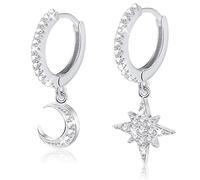 Adramata Aros Pendientes Mujer Plata De Ley 925 Pendientes Oro Tipo Argolla Con Estrella y Luna Pendientes Pequeños De Cartílago Asimétrico Con Circonita Cúbica,S