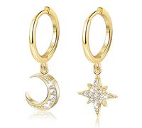 Adramata Aros Pendientes Mujer Plata De Ley 925 Pendientes Oro Tipo Argolla Con Estrella y Luna Pendientes Pequeños De Cartílago Asimétrico Con Circonita Cúbica,G