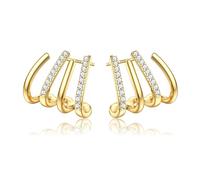 Adramata Pendientes Mujer Plata de Ley 925 - Chapada en Oro de 14K Pendientes Doble Aro con Cadena, Hipoalergénico Cuff Pendiente 4 Prong Wrap Piercing Joyería
