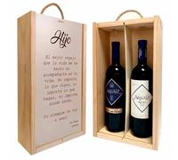 Adri - Regalos personalizados originales para padres, madres, hermanos, abuelos - Caja de madera personalizada con botellas de vinos incluidas (FRASE HIJO)