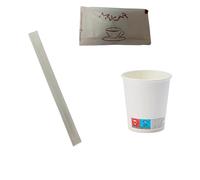 Adri Vasos de Café Desechables con Sobres de Azúcar y Paletinas de Madera, con la opción de escoger tapas para tapar si lo desea (500, Blanco sin tapas, pequeño)