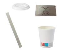 Adri Vasos de Café Desechables con Sobres de Azúcar y Paletinas de Madera, con la opción de escoger tapas para tapar si lo desea (200, Blanco con tapas, pequeño)